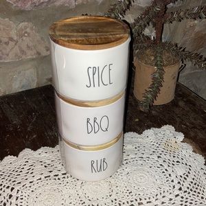 Rae Dunn SPICE BBQ RUB Canister Set Wooden Lids Grill Cook Chef Man Gift Set New